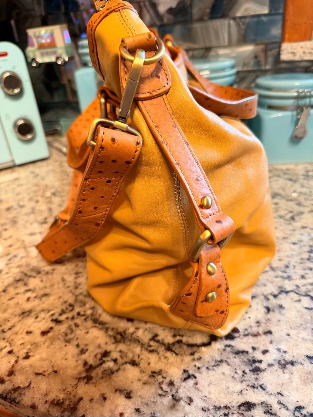 Donald J Pliner Mustard Yellow Leather Messenger Bag with Detachable Strap